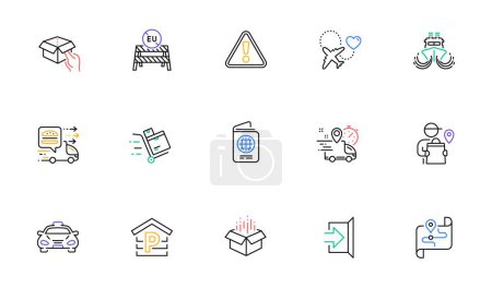 Illustration for Passport, Hold box and Exit line icons for website, printing. Collection of Ship, Eu close borders, Express delivery icons. Inventory cart, Taxi, Open box web elements. Food delivery. Vector - Royalty Free Image