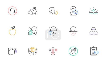Illustration for Organic tested, Face accepted and Cough line icons for website, printing. Collection of Face cream, Thermometer, Moisturizing cream icons. Dont touch, Blood donation, Apple web elements. Vector - Royalty Free Image