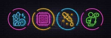 Illustration for Cpu processor, Difficult stress and Chemistry pipette minimal line icons. Neon laser 3d lights. Customer survey icons. For web, application, printing. Vector - Royalty Free Image