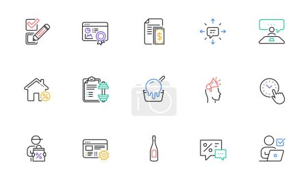 Illustration for Checkbox, Brand ambassador and Dumbbell line icons for website, printing. Collection of Discounts, Sms, Ice cream icons. Payment, Interview job, Web settings web elements. Champagne. Vector - Royalty Free Image