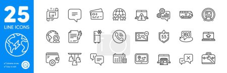 Illustration for Outline icons set. Marketplace, Calendar and Rating stars icons. Cogwheel, Ceiling lamp, Reject web elements. Info, Wallet, Metro subway signs. Architectural plan, Card, Call center. Vector - Royalty Free Image