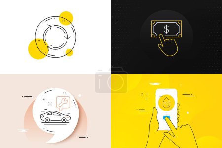 Illustration for Minimal set of Payment click, Car service and Dermatologically tested line icons. Phone screen, Quote banners. Recycling icons. For web development. Financial transfer, Repair service, Organic. Vector - Royalty Free Image