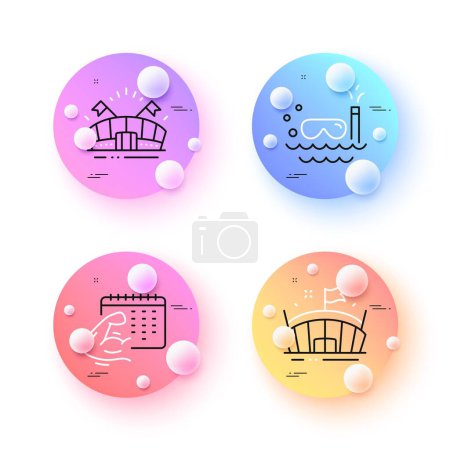 Illustration for Fitness calendar, Arena and Sports arena minimal line icons. 3d spheres or balls buttons. Scuba diving icons. For web, application, printing. Biceps workout, Sport stadium, Event stadium. Vector - Royalty Free Image