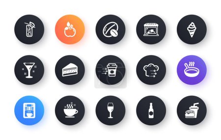 Ilustración de Conjunto mínimo de iconos de Cocktail, Coffee delivery y Eco food flat para el desarrollo web. Vaso de agua, sartén, iconos del mercado. Botella de cerveza, cafetera, elementos web pastel. Helado. Vector - Imagen libre de derechos