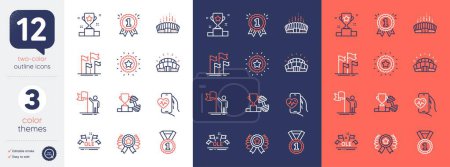 Illustration for Set of Best rank, Ole chant and Winner cup line icons. Include Arena stadium, Sports stadium, Leadership icons. Reward, Winner ribbon, Flags web elements. Dumbbell, Cardio training. Vector - Royalty Free Image