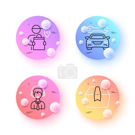 Illustration for Car, Delivery man and Package box minimal line icons. 3d spheres or balls buttons. Shipping support icons. For web, application, printing. Car service, Courier location, Delivery goods. Vector - Royalty Free Image