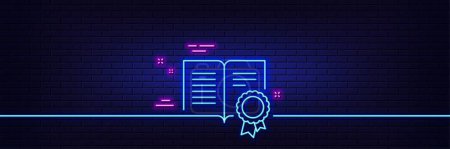 Illustration for Neon light glow effect. Diploma with Medal line icon. Certificate document symbol. Approved badge or Winner medal sign. 3d line neon glow icon. Brick wall banner. Diploma outline. Vector - Royalty Free Image