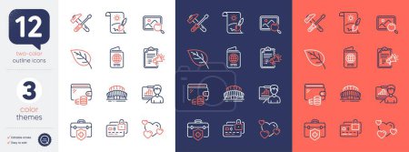 Illustration for Set of Presentation board, Creative painting and Sports stadium line icons. Include Passport, Search photo, Hammer tool icons. Medical insurance, Heart, Megaphone checklist web elements. Vector - Royalty Free Image