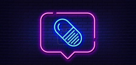 Ilustración de Neon light speech bubble. Capsule pill line icon. Medical drugs sign. Pharmacy medication symbol. Neon light background. Capsule pill glow line. Brick wall banner. Vector - Imagen libre de derechos