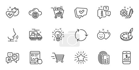 Illustration for Outline set of Engineering, Internet report and Smile line icons for web application. Talk, information, delivery truck outline icon. Include Delivery shopping, Palette, Star icons. Vector - Royalty Free Image
