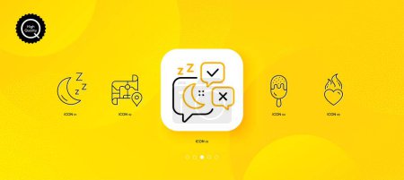Illustration for Map, Moon and Ice cream minimal line icons. Yellow abstract background. Sleep, Heart flame icons. For web, application, printing. Journey road, Night dream, Sundae stick. Night chat. Vector - Royalty Free Image