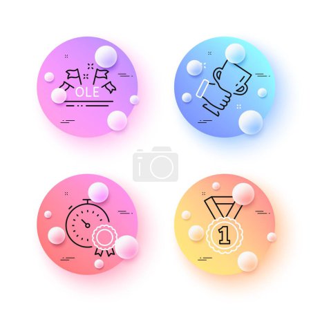Illustration for Winner cup, Ole chant and Best rank minimal line icons. 3d spheres or balls buttons. Best result icons. For web, application, printing. Sport championship, Success medal, Timer award. Vector - Royalty Free Image