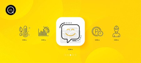 Illustration for Parking time, Smile face and Thermometer minimal line icons. Yellow abstract background. Foreman, Coronavirus statistics icons. For web, application, printing. Park clock, Chat, Grow plant. Vector - Royalty Free Image
