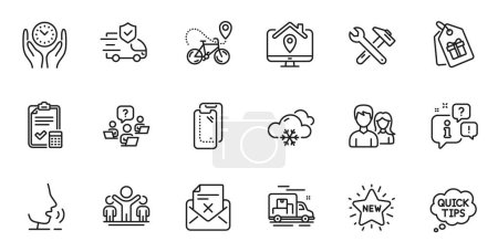 Illustration for Outline set of Reject letter, Work home and Quick tips line icons for web application. Talk, information, delivery truck outline icon. Include Teamwork question, New star, Couple icons. Vector - Royalty Free Image