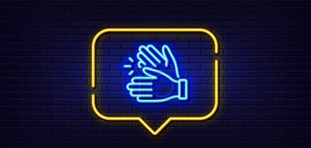 Illustration for Neon light speech bubble. Clapping hands line icon. Clap sign. Victory gesture symbol. Neon light background. Clapping hands glow line. Brick wall banner. Vector - Royalty Free Image
