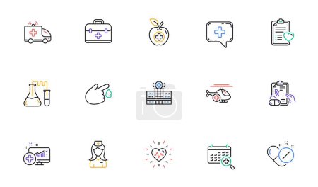 Illustration for Medical line icons. Hospital assistance, Health food diet and Laboratory. Chemistry linear icon set. Bicolor outline web elements. Vector - Royalty Free Image