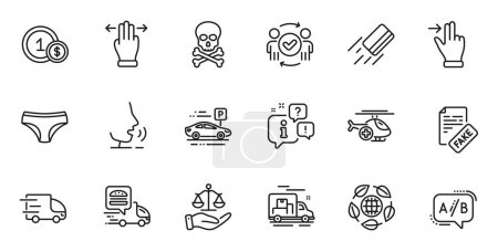 Illustration for Outline set of Truck delivery, Panties and Touchscreen gesture line icons for web application. Talk, information, delivery truck outline icon. Vector - Royalty Free Image