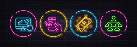 Illustration for Payment, Recovery cloud and Education minimal line icons. Neon laser 3d lights. Interview job icons. For web, application, printing. Finance, Backup info, Quick tips. Consulting. Vector - Royalty Free Image