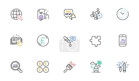 Illustration for Chemistry pipette, Time management and Brush line icons for website, printing. Collection of Fake news, Smartphone statistics, Remove team icons. Certificate, Internet. Vector - Royalty Free Image