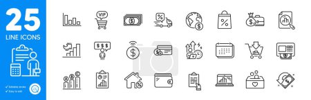 Illustration for Outline icons set. Shopping, Payment and Salary icons. Analytics graph, Wallet, Difficult stress web elements. Payment method, Growth chart, Delivery discount signs. Employee benefits. Vector - Royalty Free Image