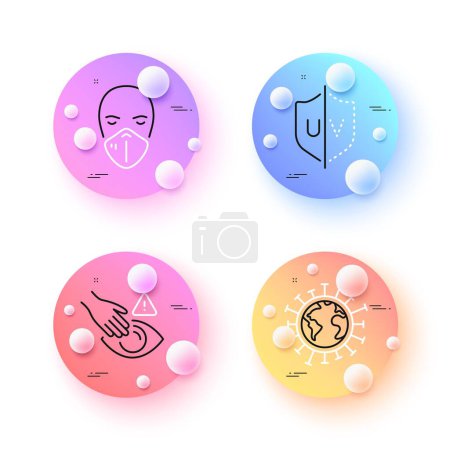 Illustration for Coronavirus, Medical mask and Dont touch minimal line icons. 3d spheres or balls buttons. Uv protection icons. For web, application, printing. Pandemic infection, Respirator, Clean hand. Vector - Royalty Free Image