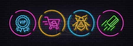 Illustration for Software bug, Shopping cart and Vip award minimal line icons. Neon laser 3d lights. Credit card icons. For web, application, printing. Cyber virus, Online buying, Exclusive privilege. Vector - Royalty Free Image
