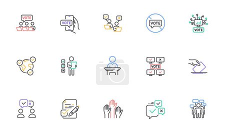 Illustration for Voting line icons. Public Election, Vote Ballot Paper icons. Candidate, Politics voting and People vote. Government election, Raised hands, Document checklist. Online poll result. Vector - Royalty Free Image