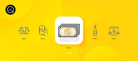 Illustration for Search app, Payment and Ole chant minimal line icons. Yellow abstract background. Online warning, Champagne icons. For web, application, printing. Find smartphone, Finance, Sport championship. Vector - Royalty Free Image