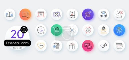 Illustration for Simple set of Love couple, Calendar and Love line icons. Include Fireworks explosion, Special offer, Sale icons. Discount coupon, Online discounts, Shopping bags web elements. Cross sell. Vector - Royalty Free Image
