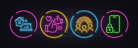 Illustration for Inclusion, Like and Work home minimal line icons. Neon laser 3d lights. Lock icons. For web, application, printing. Equity rainbow, Thumbs up, Outsource work. Phone protection. Vector - Royalty Free Image