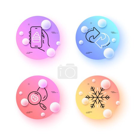 Illustration for Food app, Air conditioning and Refresh minimal line icons. 3d spheres or balls buttons. Water analysis icons. For web, application, printing. Smartphone cake, Snowflake, Rotation. Vector - Royalty Free Image