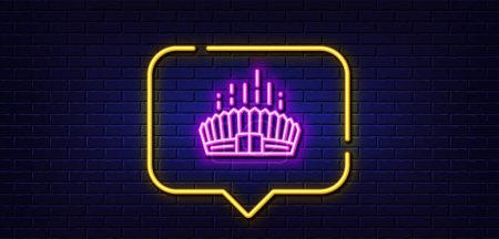 Illustration for Neon light speech bubble. Arena stadium line icon. Competition building sign. Sport complex symbol. Neon light background. Arena stadium glow line. Brick wall banner. Vector - Royalty Free Image