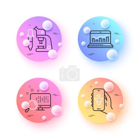 Illustration for Music app, Search and Microscope minimal line icons. 3d spheres or balls buttons. Web analytics icons. For web, application, printing. Smartphone sound, Find file, Laboratory science. Vector - Royalty Free Image