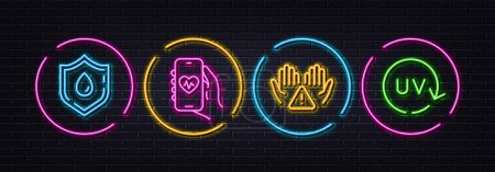Illustration for Clean hands, Health app and Blood donation minimal line icons. Neon laser 3d lights. Uv protection icons. For web, application, printing. Hygiene care, Medical application, Medicine analyze. Vector - Royalty Free Image