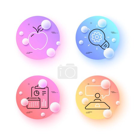 Illustration for Apple, Interview job and Report minimal line icons. 3d spheres or balls buttons. Cogwheel icons. For web, application, printing. Fresh fruit, Consulting, Accounting. Idea bulb. Vector - Royalty Free Image