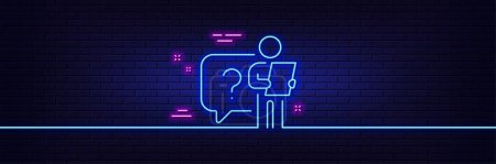 Neon light glow effect. Search employee line icon. Interview candidate sign. Question mark symbol. 3d line neon glow icon. Brick wall banner. Search employee outline. Vector