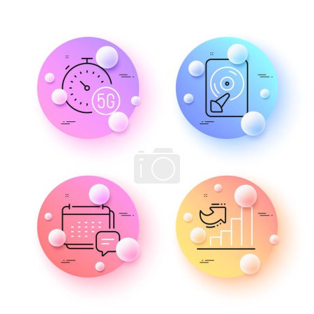 Illustration for 5g internet, Hdd and Message minimal line icons. 3d spheres or balls buttons. Growth chart icons. For web, application, printing. Fast transmission, Memory disk, Calendar notification. Vector - Royalty Free Image