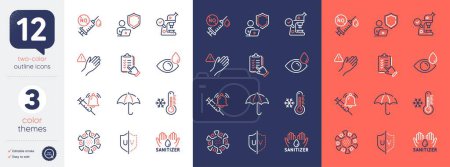 Illustration for Set of Hand sanitizer, Eye drops and Vaccine announcement line icons. Include Dont touch, Shield, Uv protection icons. Low thermometer, Checklist, Coronavirus vaccine web elements. Vector - Royalty Free Image