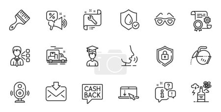 Illustration for Outline set of Speaker, Alcohol addiction and Brush line icons for web application. Talk, information, delivery truck outline icon. Include Coffee pot, Construction document, Spanner icons. Vector - Royalty Free Image