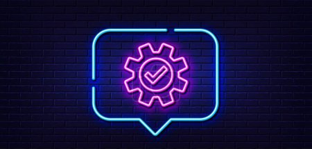 Illustration for Neon light speech bubble. Cogwheel line icon. Approved Service sign. Transmission Rotation Mechanism symbol. Neon light background. Service glow line. Brick wall banner. Vector - Royalty Free Image