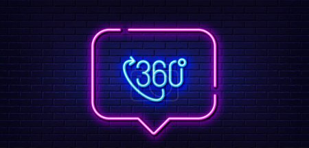 Illustration for Neon light speech bubble. 360 degree line icon. VR technology simulation sign. Panoramic view symbol. Neon light background. 360 degree glow line. Brick wall banner. Vector - Royalty Free Image