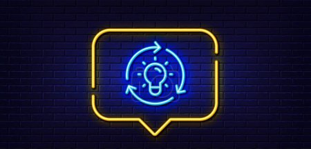 Illustration for Neon light speech bubble. Idea line icon. Lightbulb sign. Core value symbol. Neon light background. Idea glow line. Brick wall banner. Vector - Royalty Free Image
