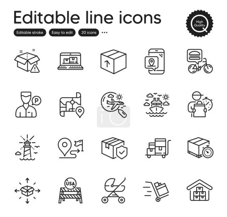 Illustration for Set of Transportation outline icons. Contains icons as Delivery man, Search flight and Lighthouse elements. Web inventory, Parcel insurance, Package web signs. Journey, Parcel delivery. Vector - Royalty Free Image