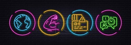 Illustration for Strong arm, Card and World planet minimal line icons. Neon laser 3d lights. Time management icons. For web, application, printing. Muscle biceps, Bank payment, Internet business. Office chat. Vector - Royalty Free Image