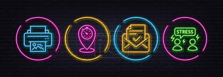 Illustration for Print image, Timer and Approved mail minimal line icons. Neon laser 3d lights. Difficult stress icons. For web, application, printing. Printer, Location pointer, Confirmed document. Vector - Royalty Free Image