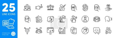 Illustration for Outline icons set. Lgbt, Graph chart and Fingerprint icons. Video conference, Communication, Genders web elements. Dating app, Leadership, Couple love signs. Difficult stress, Person, Like app. Vector - Royalty Free Image