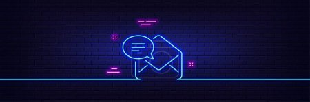 Illustration for Neon light glow effect. New Mail line icon. Message correspondence sign. E-mail symbol. 3d line neon glow icon. Brick wall banner. New Mail outline. Vector - Royalty Free Image