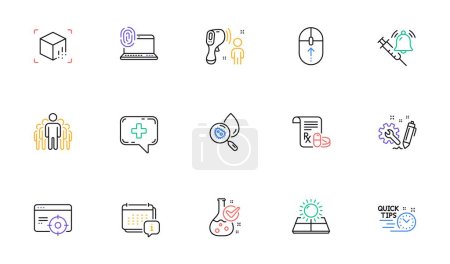 Illustration for Augmented reality, Vaccine announcement and Computer fingerprint line icons for website, printing. Collection of Medical chat, Chemistry lab, Swipe up icons. Seo targeting, Engineering. Vector - Royalty Free Image
