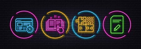 Illustration for Puzzle game, Technical documentation and Web timer minimal line icons. Neon laser 3d lights. Edit document icons. For web, application, printing. Jigsaw combination, Manual, Online test. Vector - Royalty Free Image