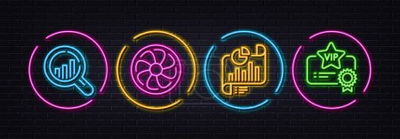 Photo for Seo analysis, Report document and Fan engine minimal line icons. Neon laser 3d lights. Vip certificate icons. For web, application, printing. Targeting chart, Growth chart, Ventilator. Vector - Royalty Free Image
